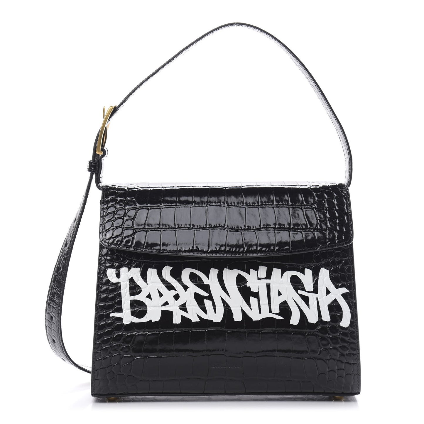 Shiny Calfskin Graffiti Logo Crocodile Embossed Medium Ghost Shoulder Bag Black White