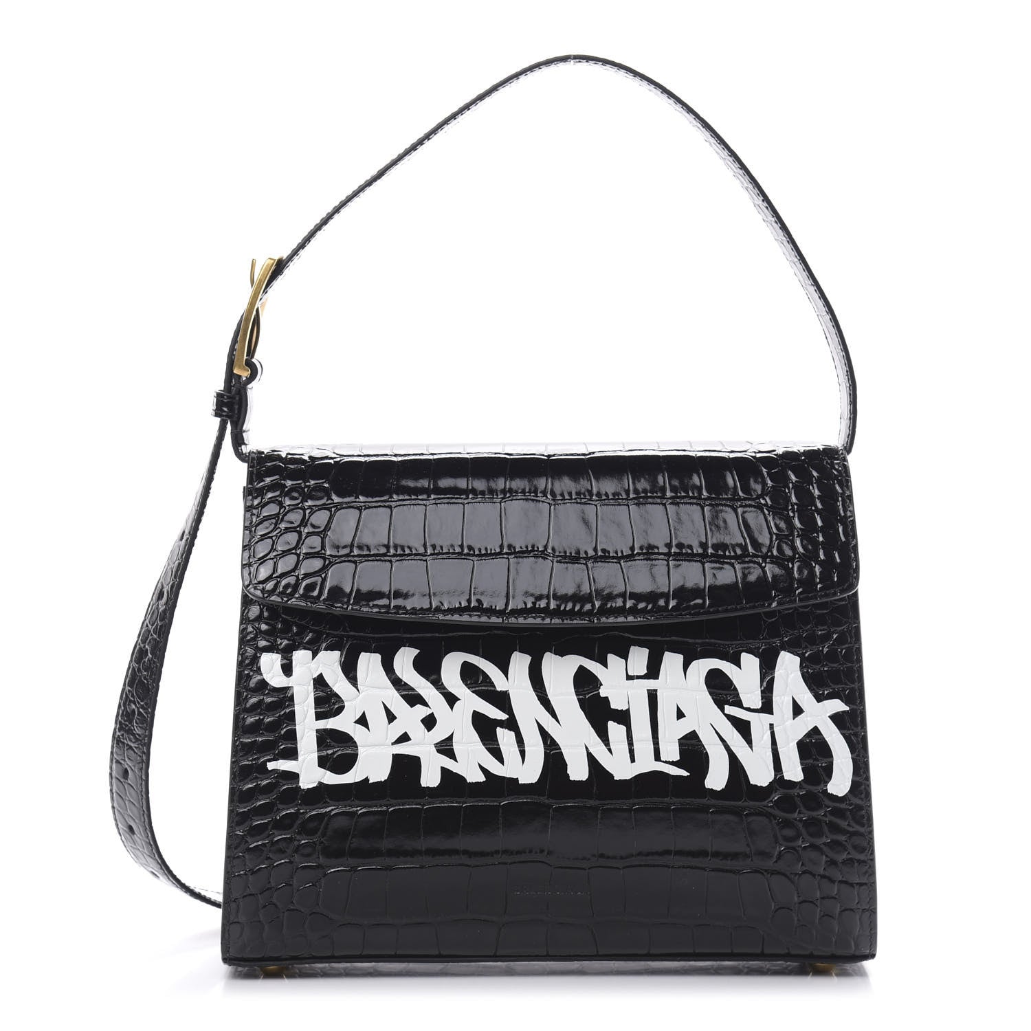 Balenciaga Shiny Calfskin Graffiti Logo Crocodile Embossed Medium Ghost Shoulder Bag Black White 1 of 10
