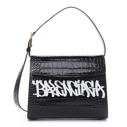 Balenciaga Shiny Calfskin Graffiti Logo Crocodile Embossed Medium Ghost Shoulder Bag Black White 1 of 10