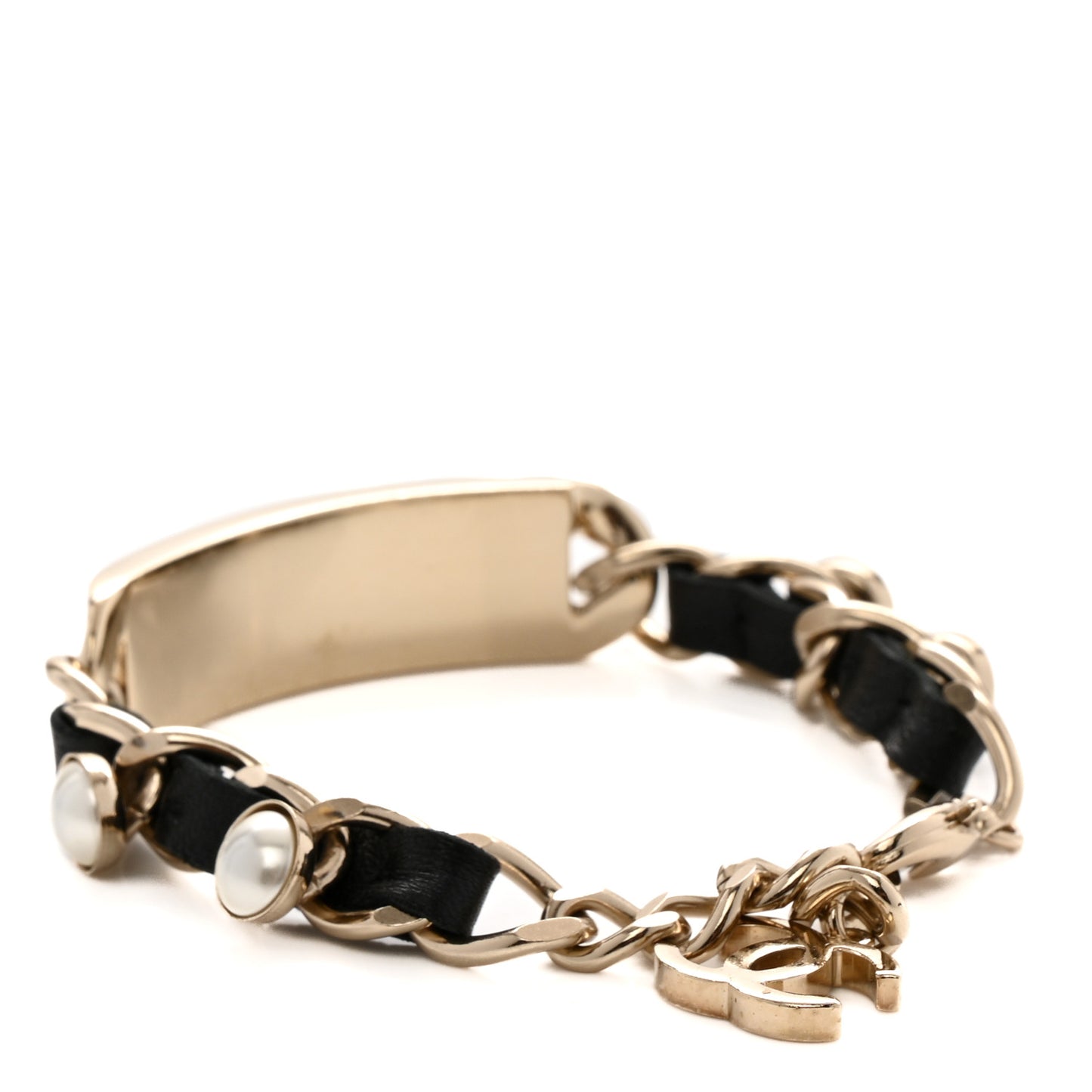 Metal Lambskin Pearl Name Plate Bracelet Black Gold