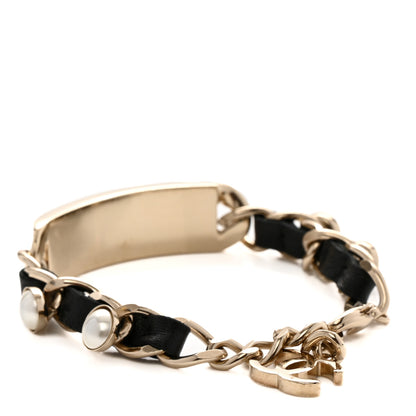 Chanel Metal Lambskin Pearl Name Plate Bracelet Black Gold 3 of 5