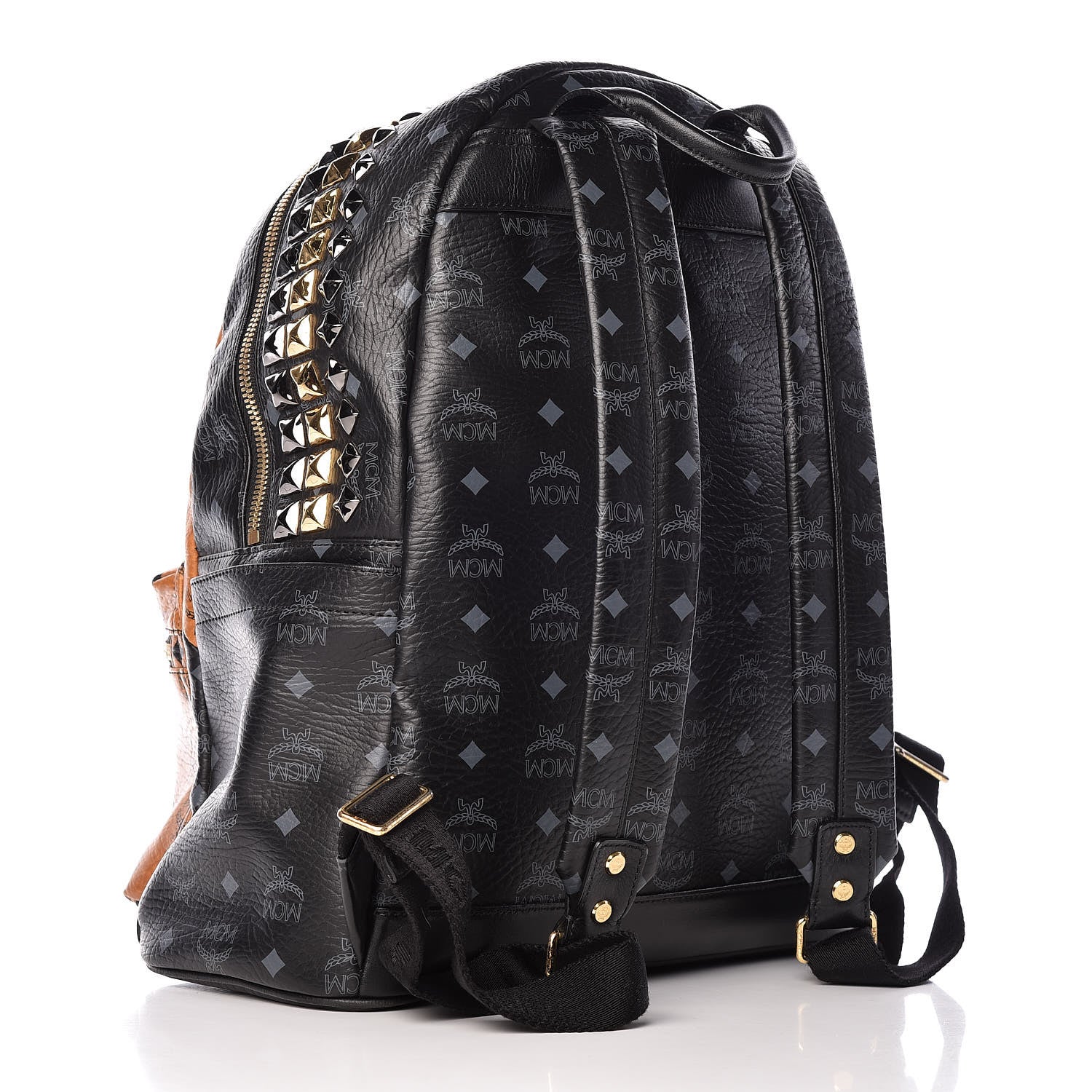 MCM Visetos Bi-Color Studded Medium Backpack Black Cognac 3 of 9