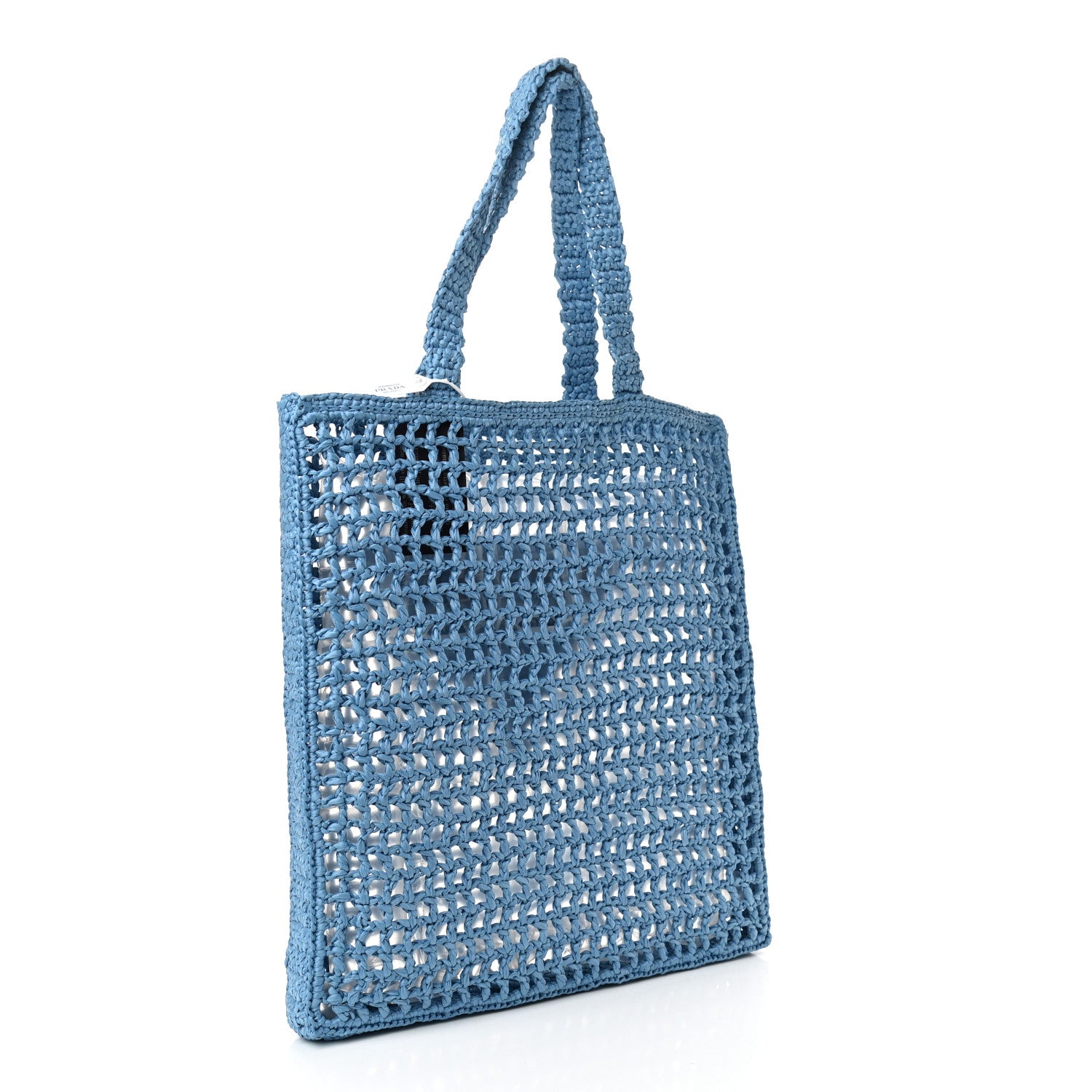Prada Yarn Raffia Effect Crochet Logo Embroidered Tote Bag Celeste 3 of 9