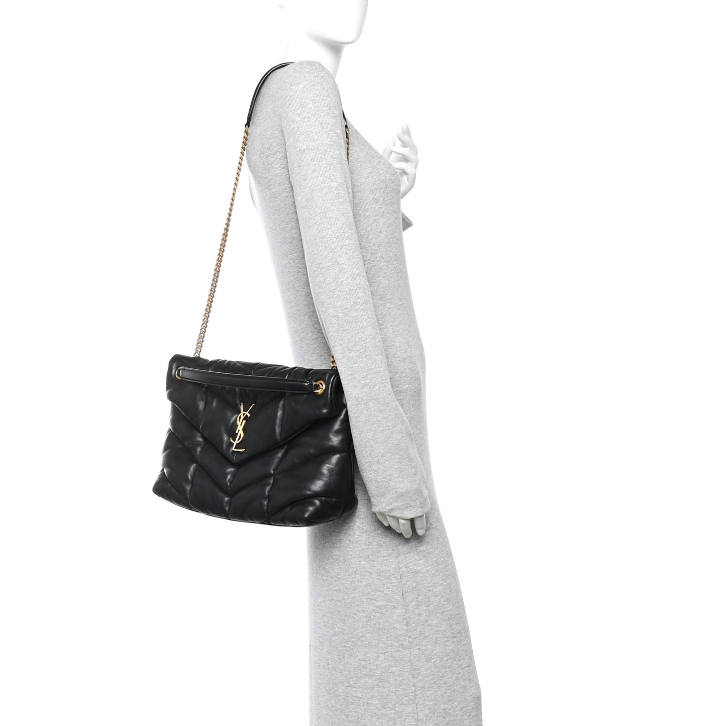 Lambskin Quilted Medium Loulou Puffer Monogram Chain Satchel Black