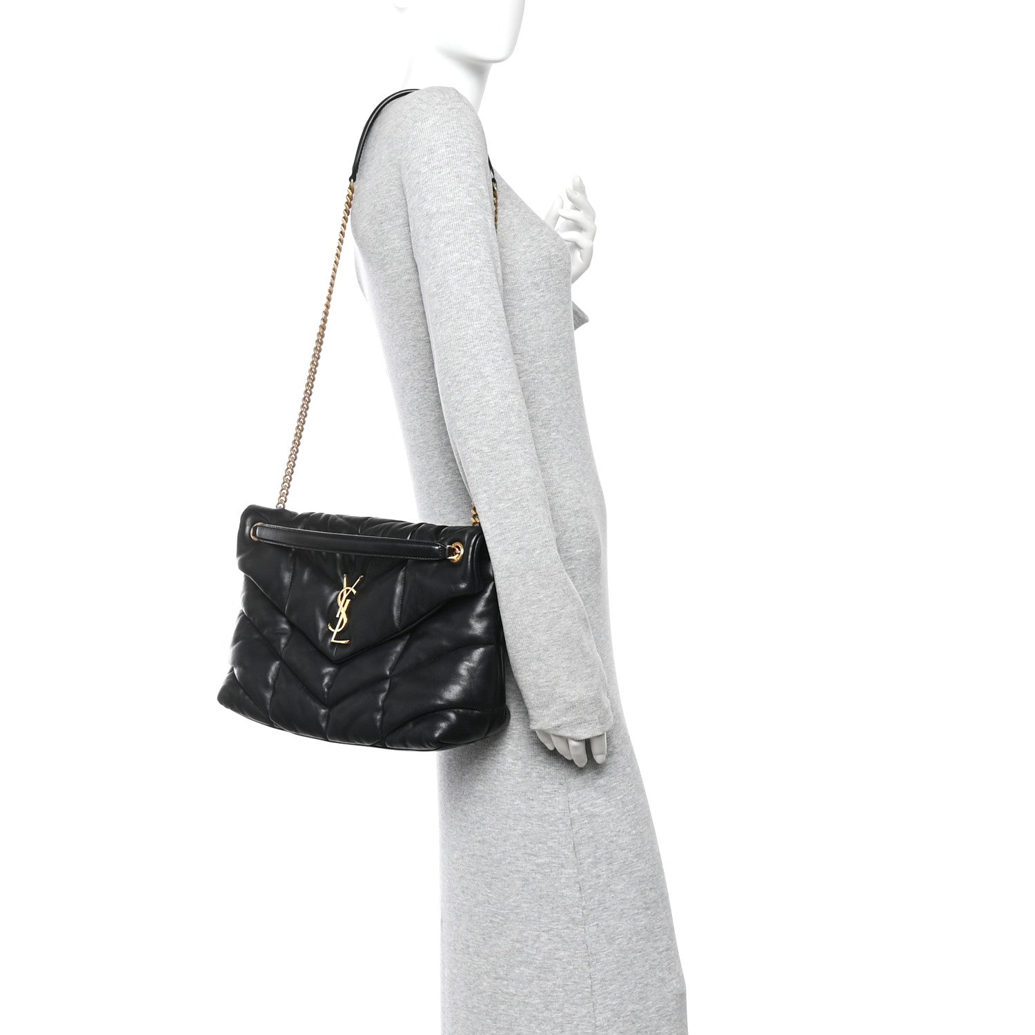 Saint Laurent Lambskin Quilted Medium Loulou Puffer Monogram Chain Satchel Black 2 of 10