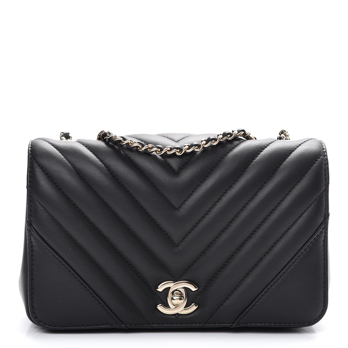 Calfskin Chevron Quilted Mini Statement Flap Black