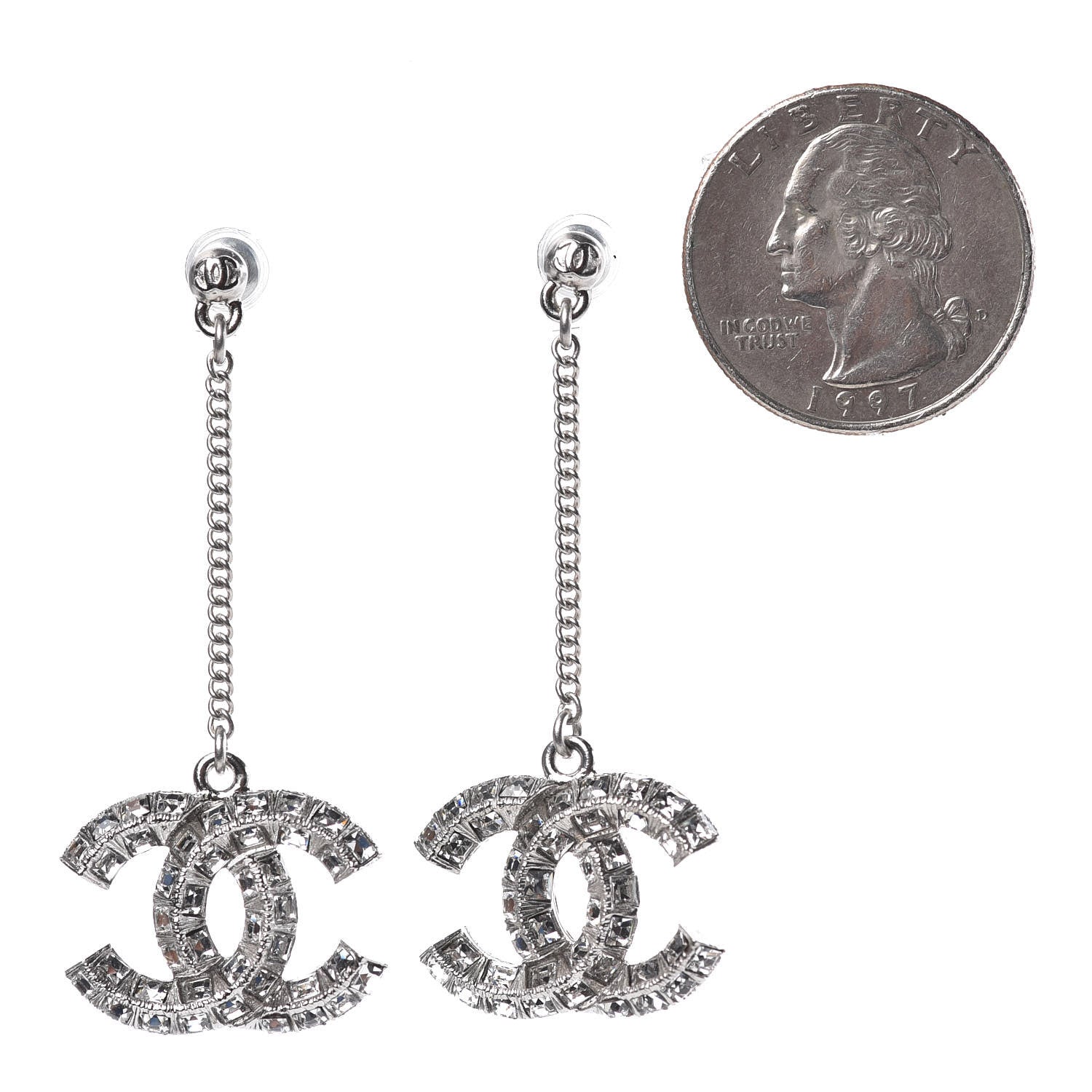 Chanel Baguette Crystal CC Drop Earrings Silver 2 of 4