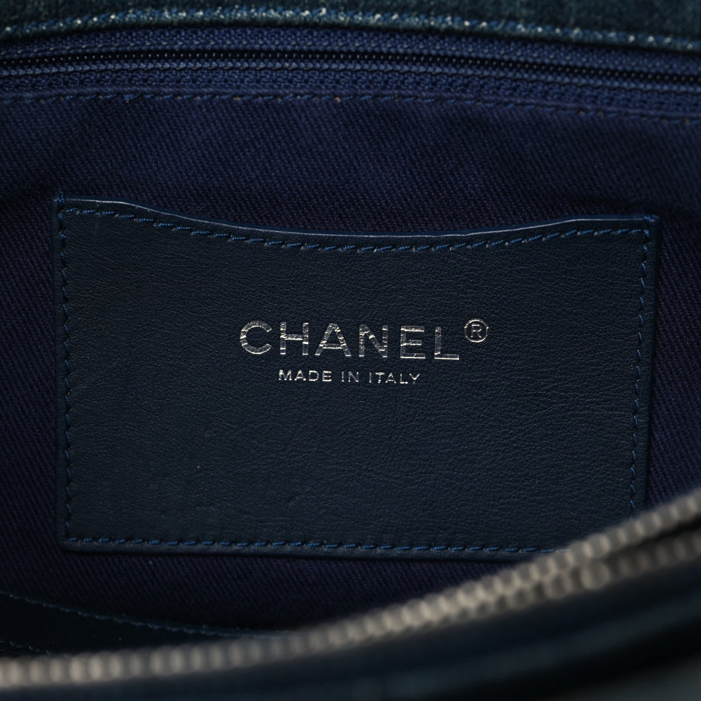 Denim Camellia Embroidered Shopping Tote Blue