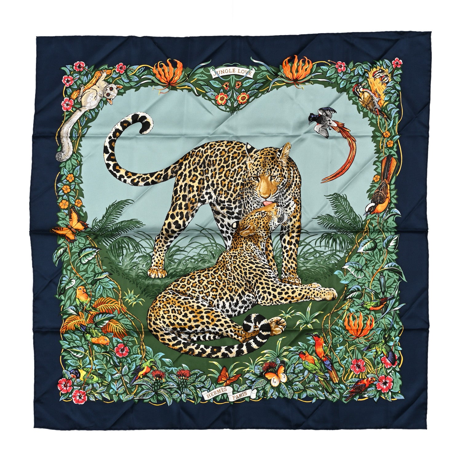 Hermes Silk Jungle Love Scarf 90 Marine Vert Orange 1 of 3