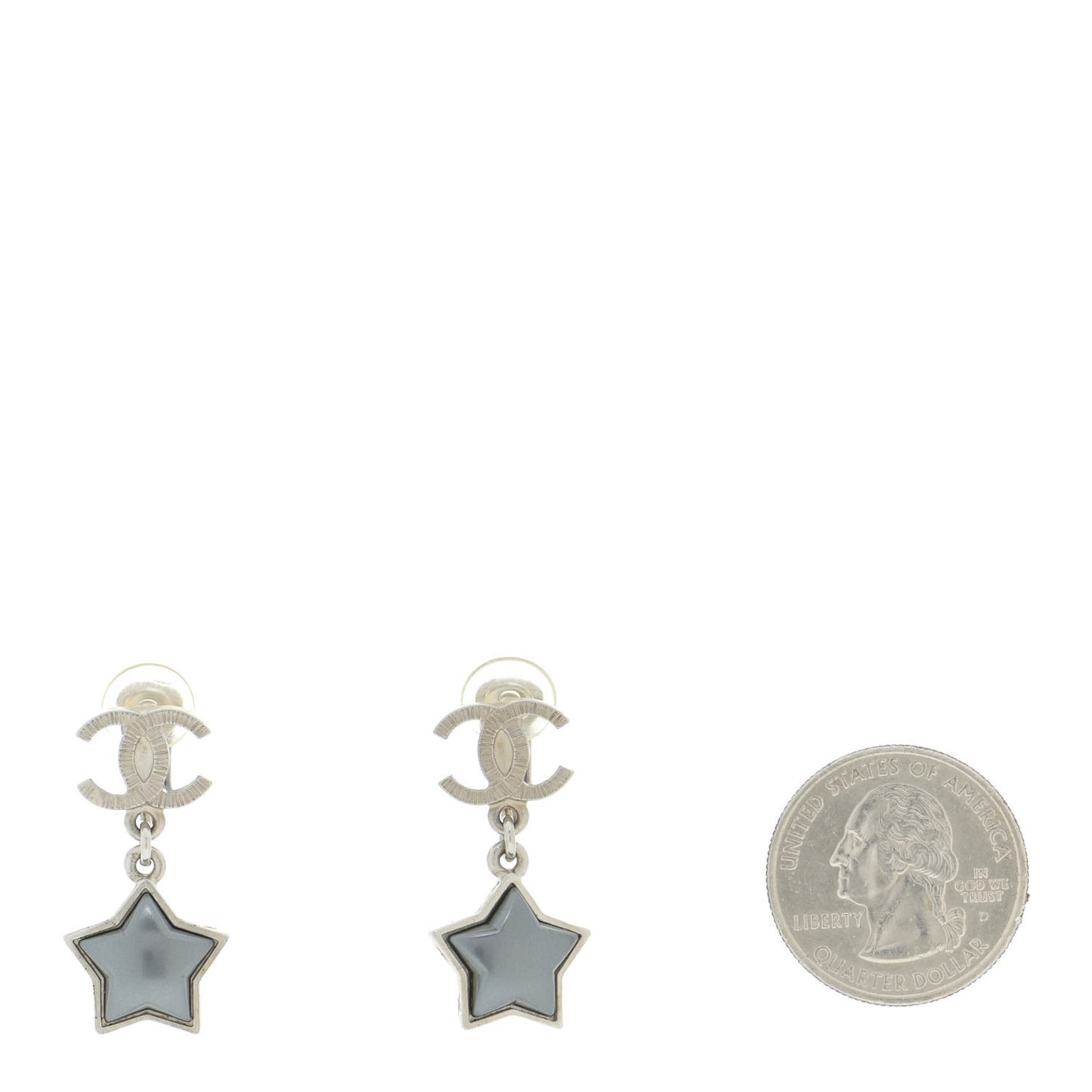 Metal Resin Pearl Star CC Drop Earrings Silver