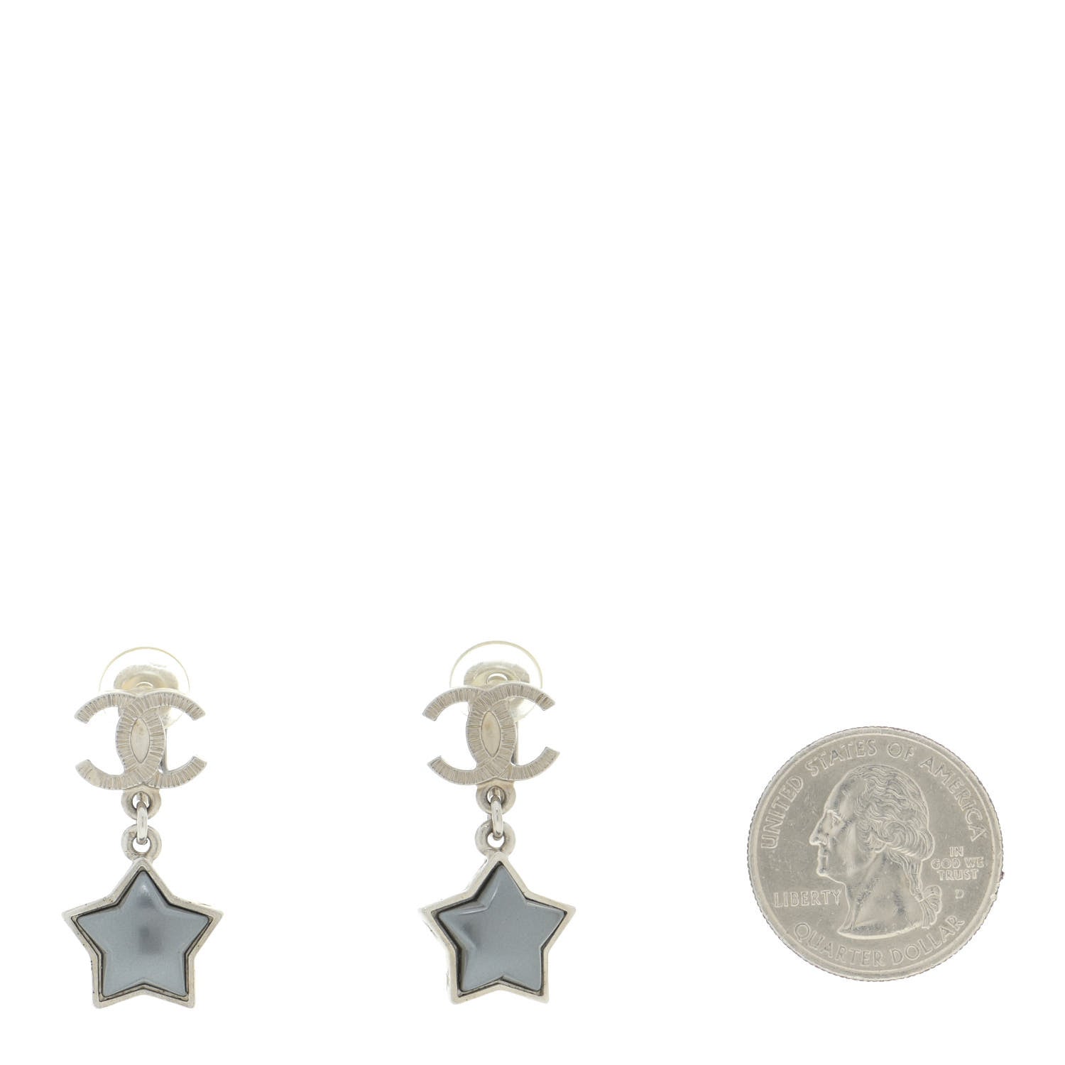 Chanel Metal Resin Pearl Star CC Drop Earrings Silver 2 of 4