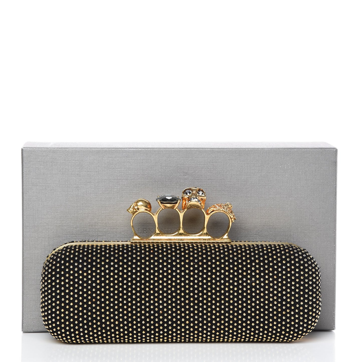 Suede Studded Skull Knuckle Box Clutch Black