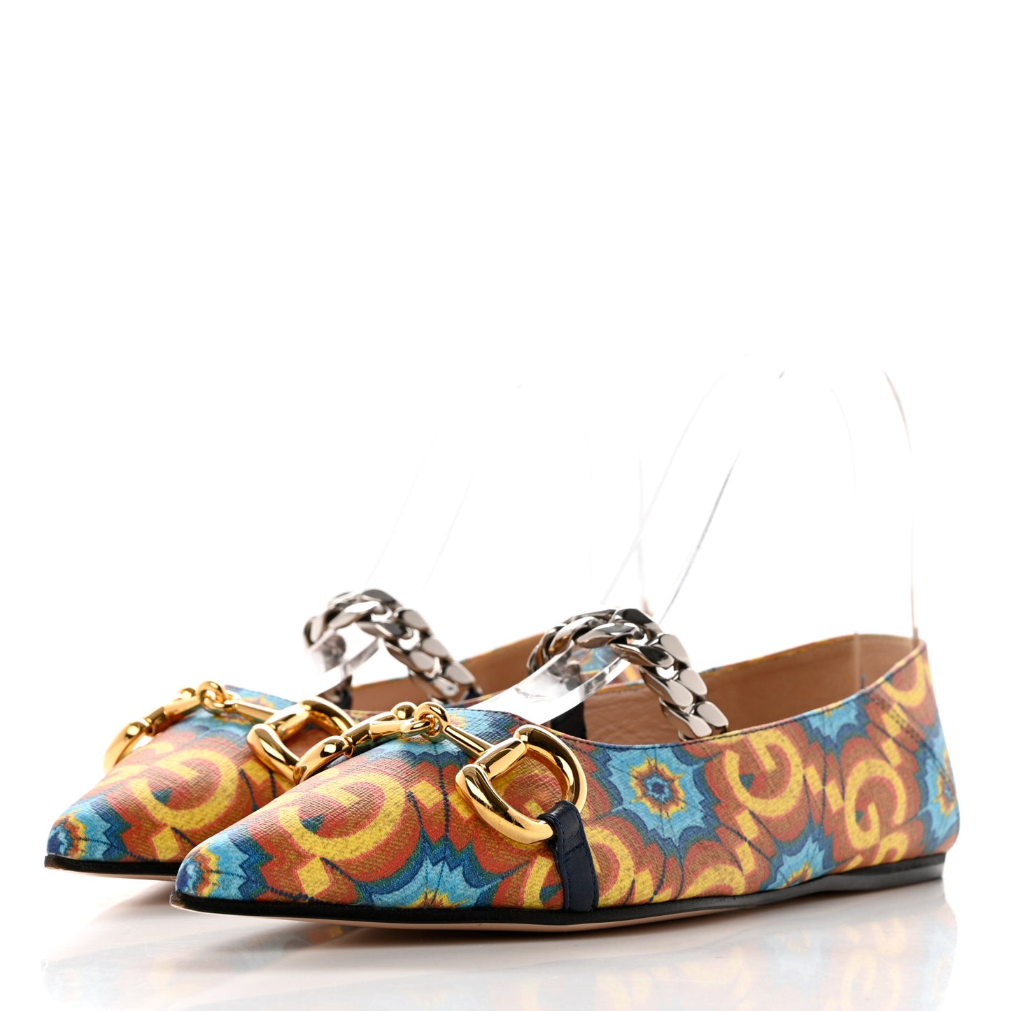 GG Supreme Kaleidoscope Calfskin Deva Horsebit Chain Embellished Flats 37.5 Blue Orange Multicolor Blue Agata