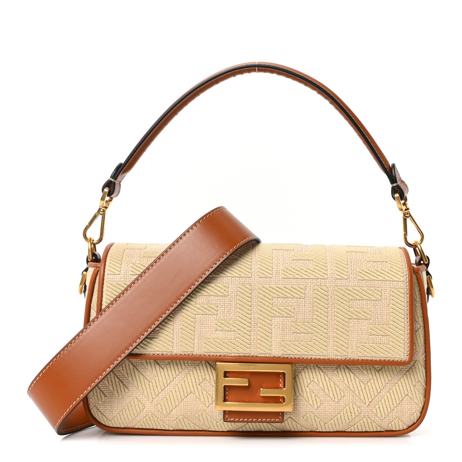 Fendi Raffia Vitello King Lucido FF Embroidered Baguette Alchemy Brandy 1 of 9