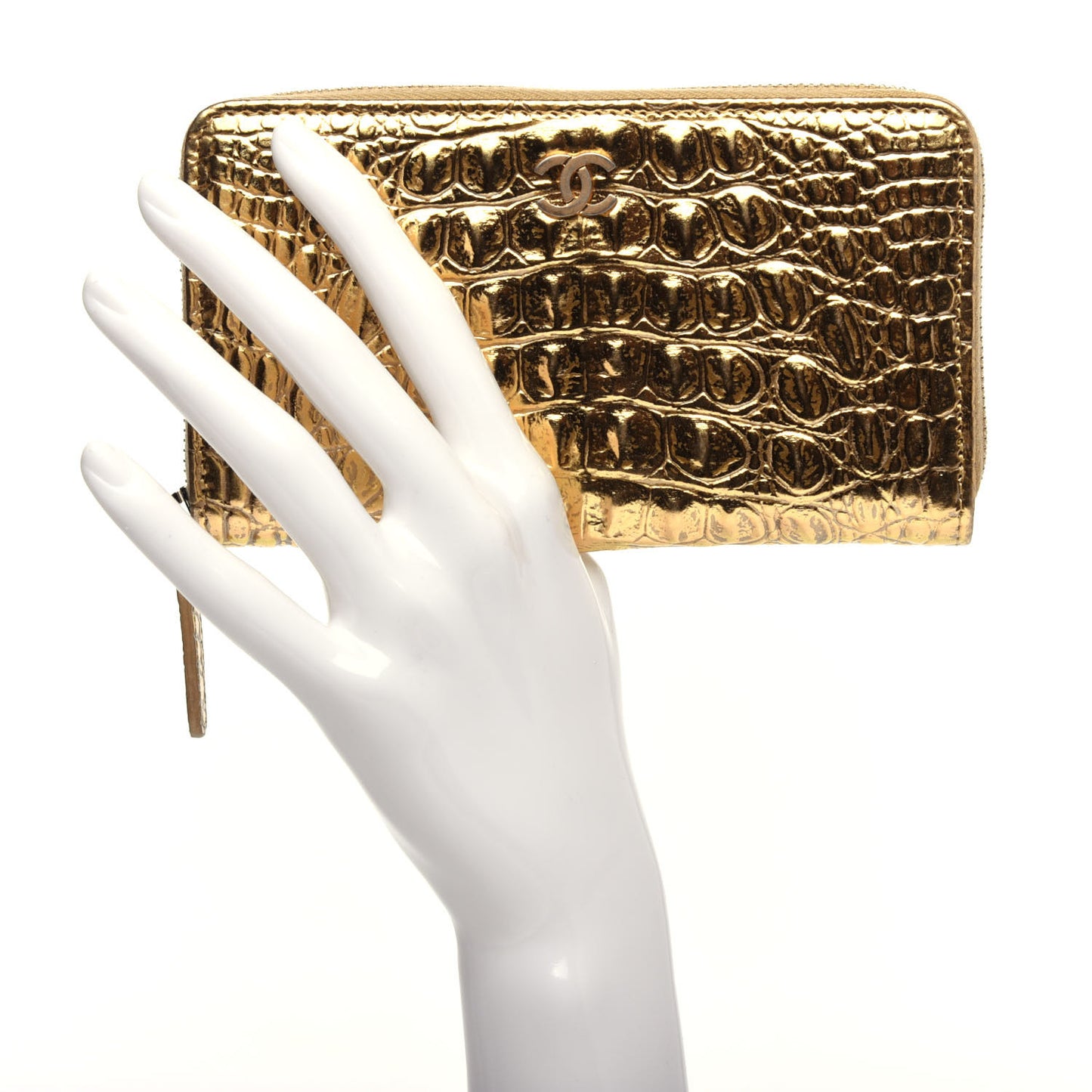 Metallic Calfskin Crocodile Embossed Small Zip Wallet Gold