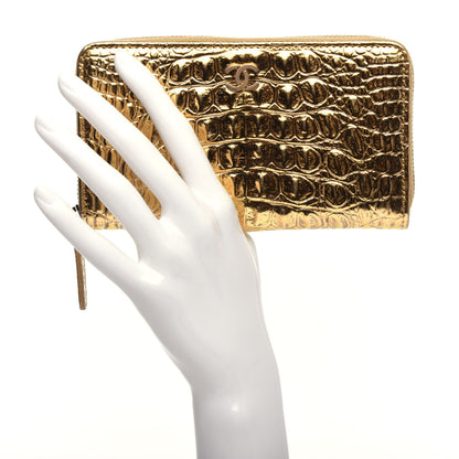 Chanel Metallic Calfskin Crocodile Embossed Small Zip Wallet Gold 2 of 9