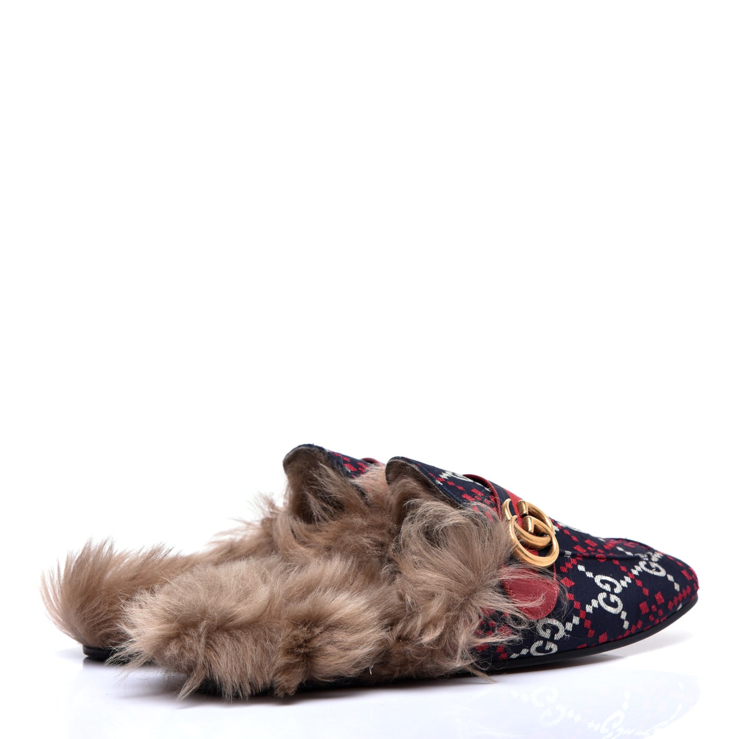 Canvas GG Monogram Diamond Fur Web GG Mens Princetown Slippers 8 Midnight Blue Hibiscus Red