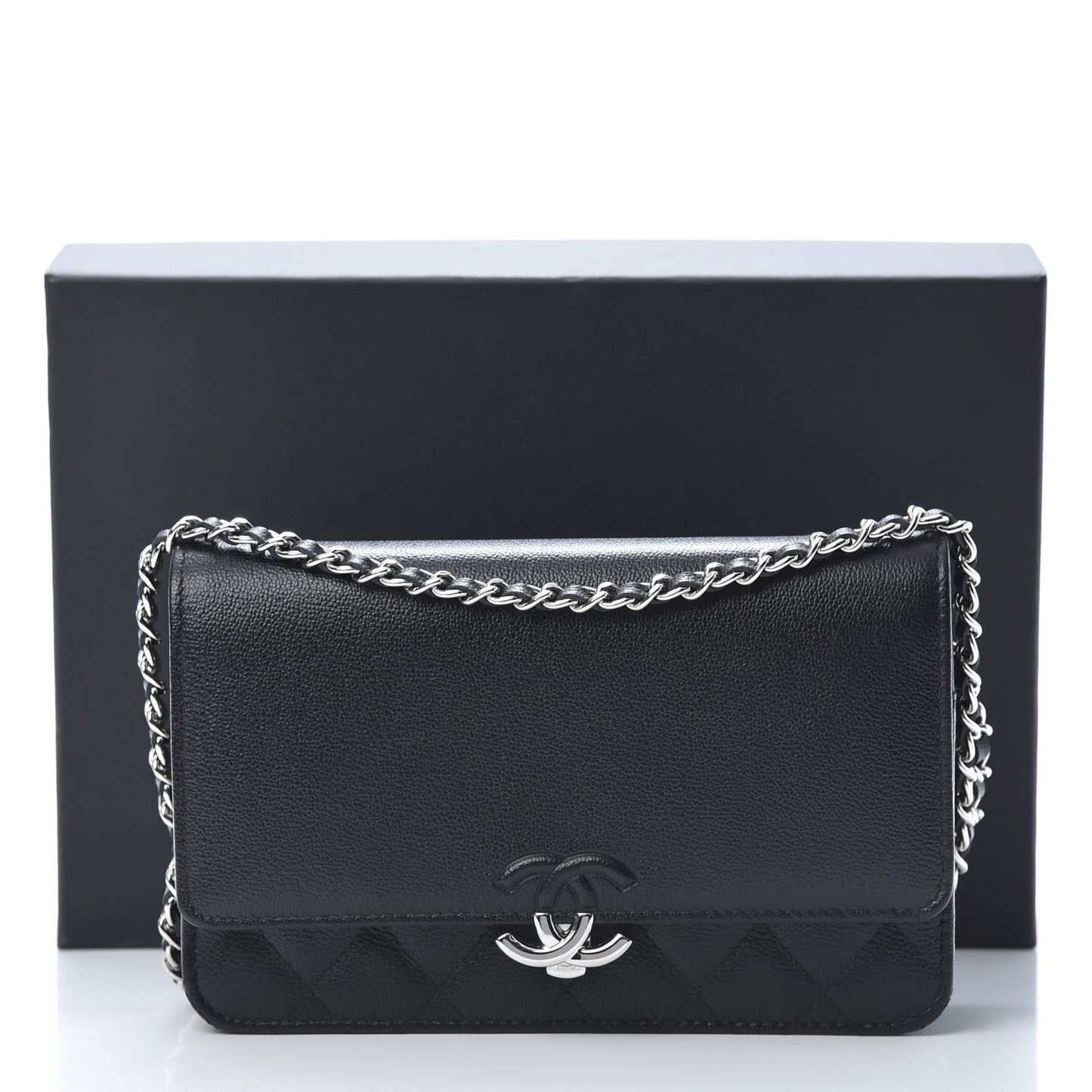 Grained Calfskin Quilted CC Box Wallet On Chain WOC Black