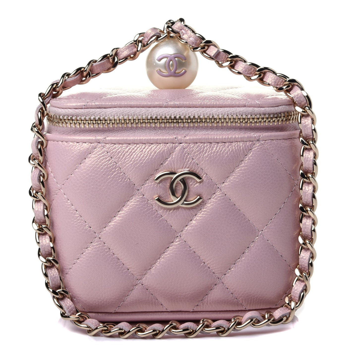 Iridescent Caviar Quilted Pearl Mini Vanity Case With Chain Light Pink