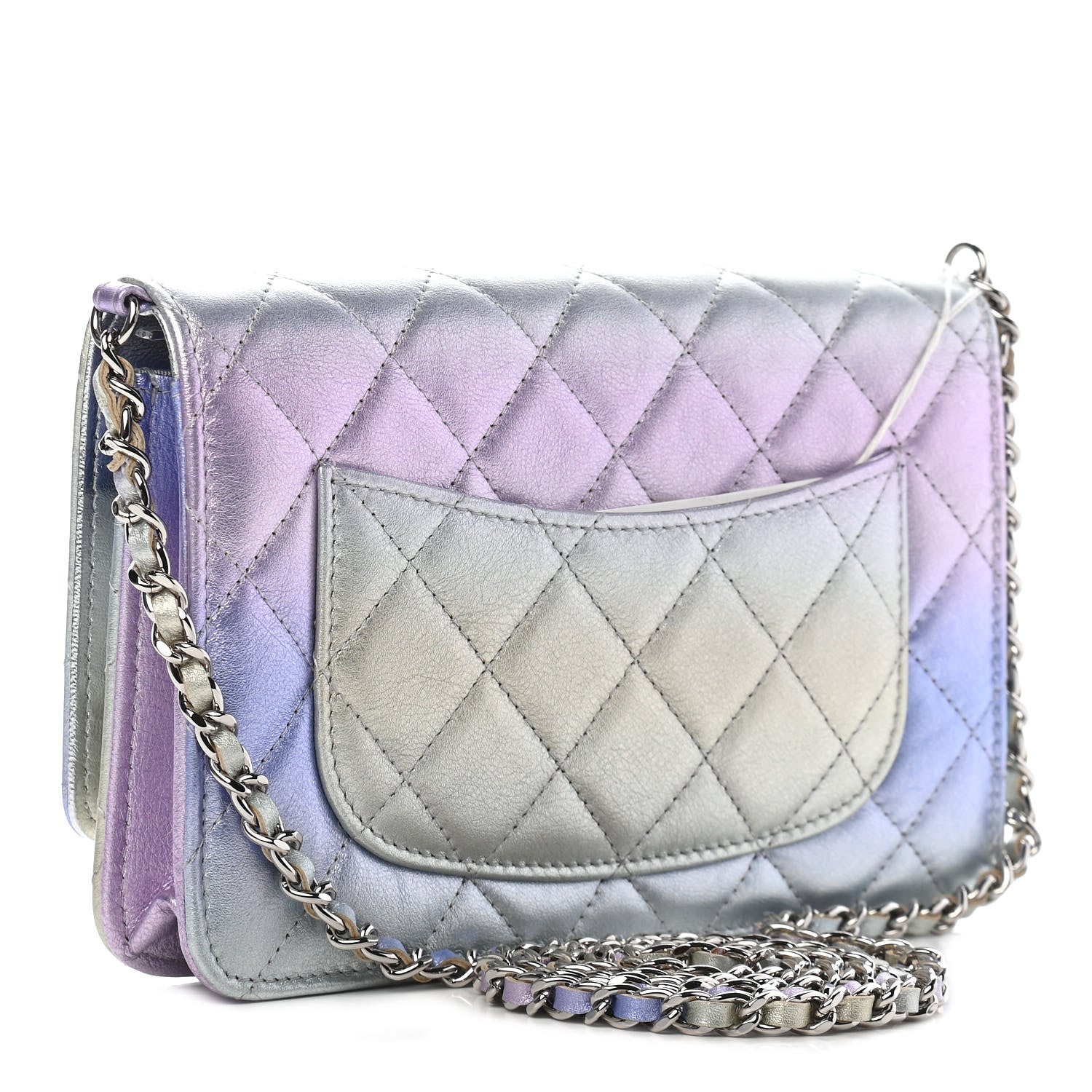 Chanel Gradient Metallic Calfskin Quilted Wallet On Chain WOC Silver Blue Yellow Purple 2 of 9