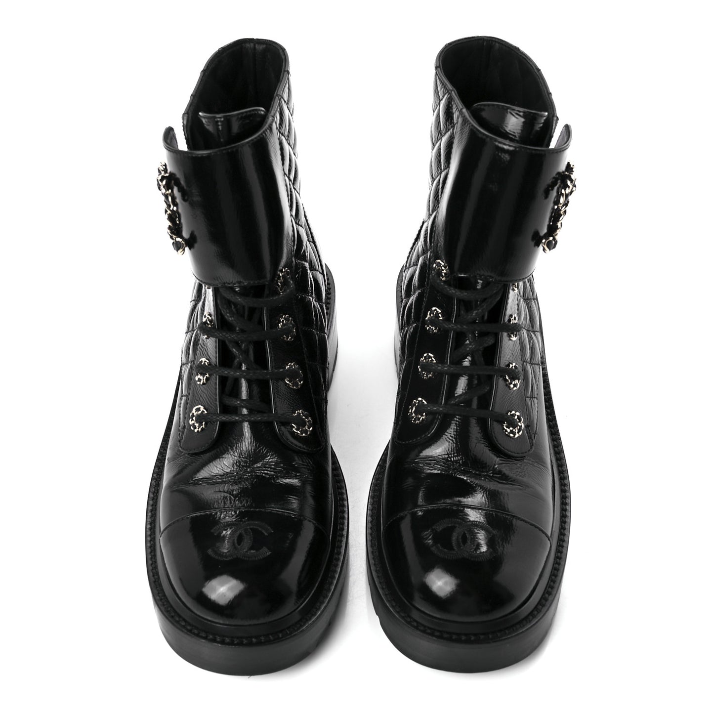 Shiny Lambskin Quilted Lace Up Combat Boots 40 Black