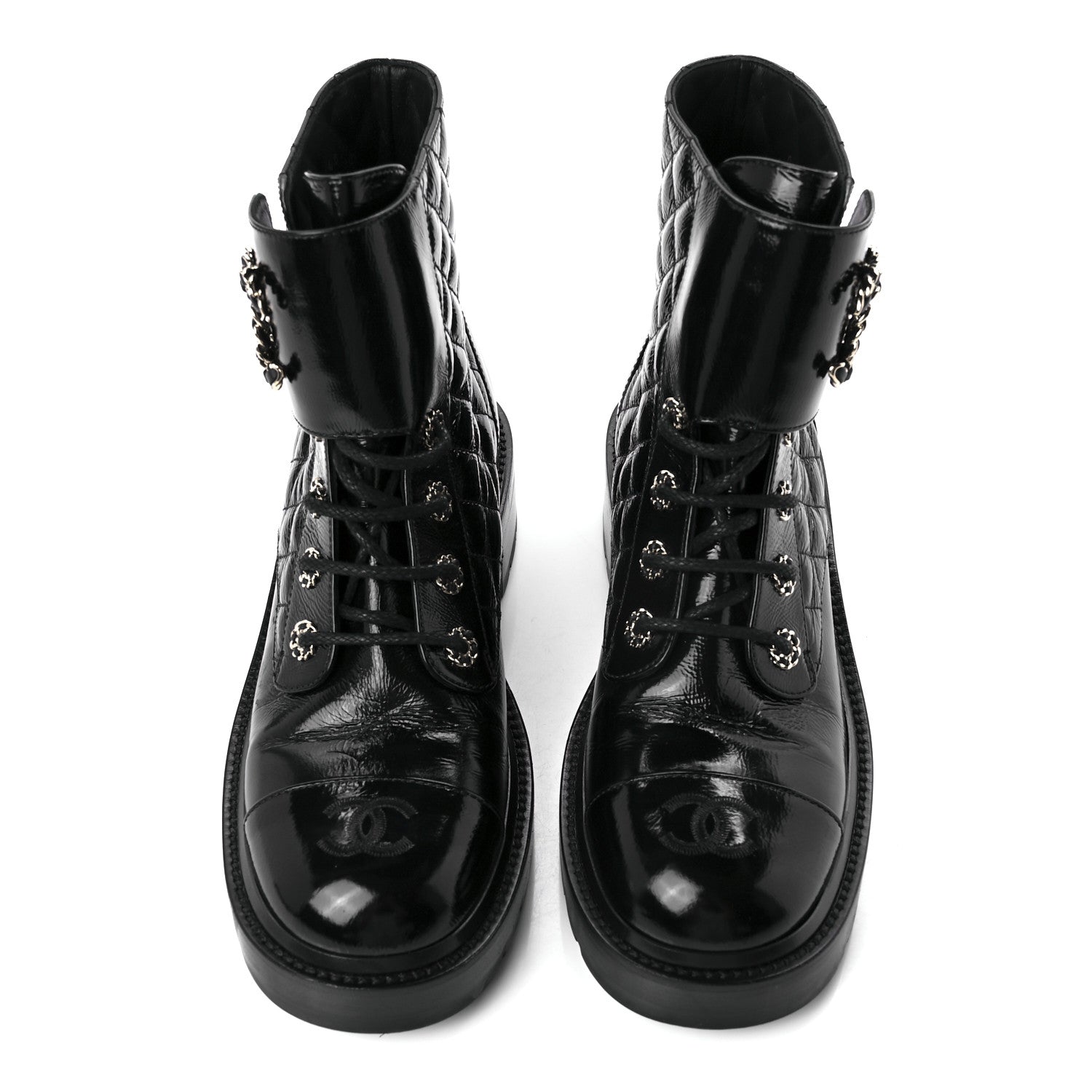 Chanel Shiny Lambskin Quilted Lace Up Combat Boots 40 Black 5 of 11
