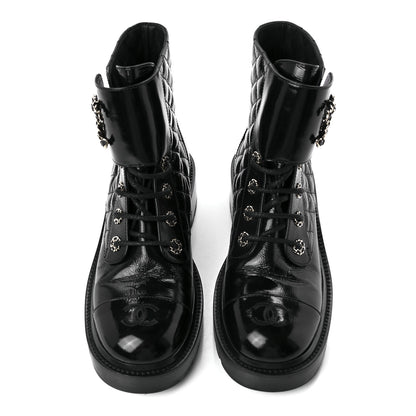 Chanel Shiny Lambskin Quilted Lace Up Combat Boots 40 Black 5 of 11