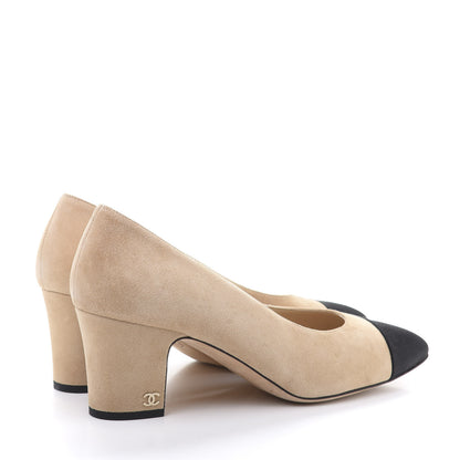 Chanel Suede Satin Cap Toe Low Heel Pumps 41 Beige Black 4 of 9