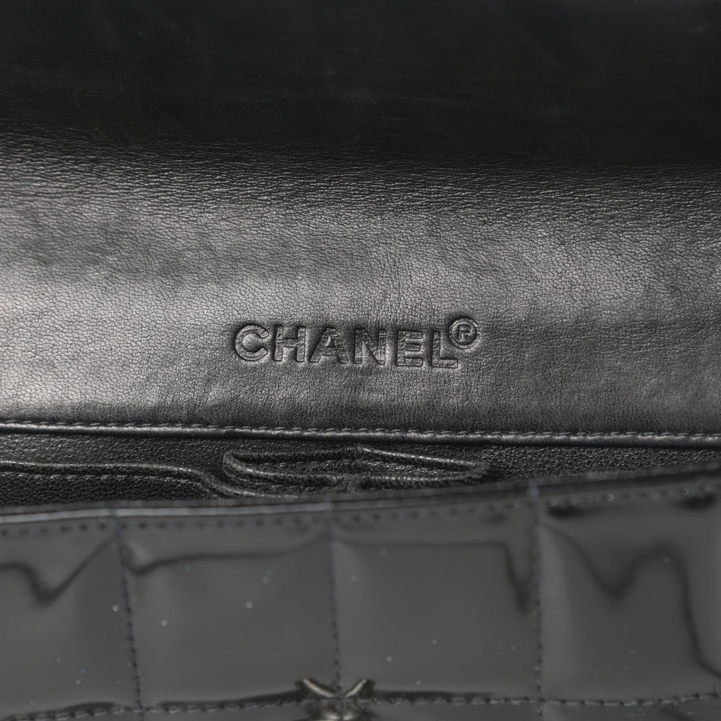 Patent Quilted East West Chocolate Bar Flap Black