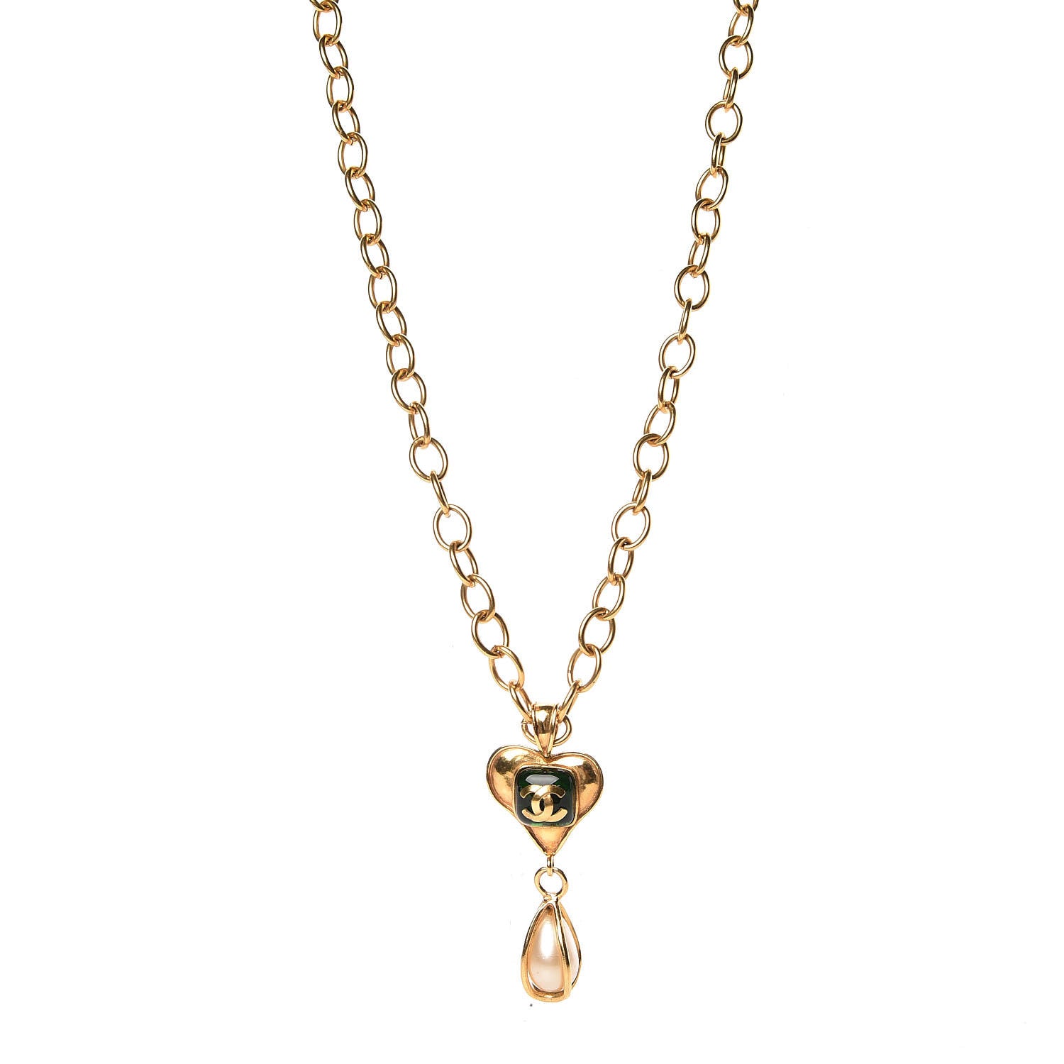 Chanel Pearl Heart CC Pendant Necklace Gold 1 of 7