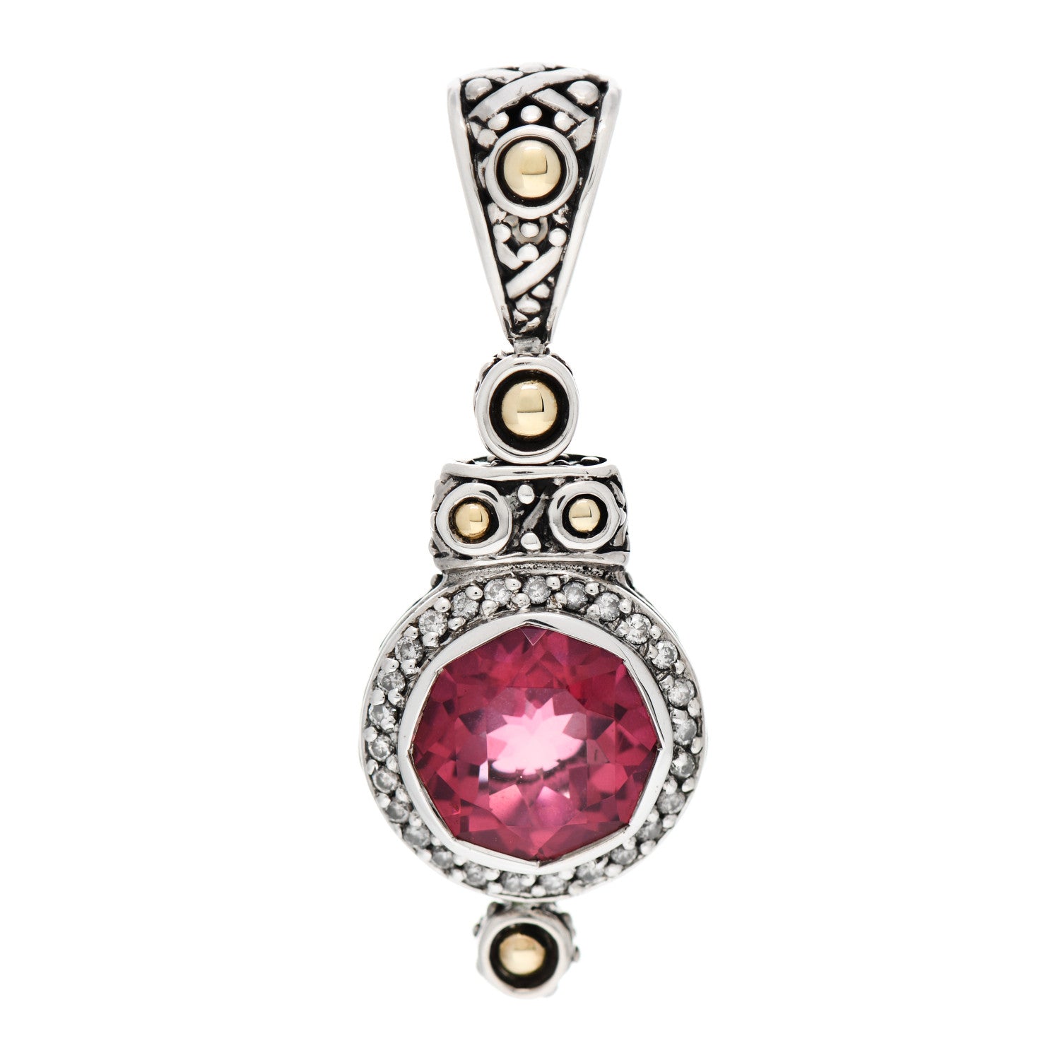 John Hardy Sterling Silver 18K Yellow Gold Pink Topaz Diamond Batu Sari Pendant 1 of 5
