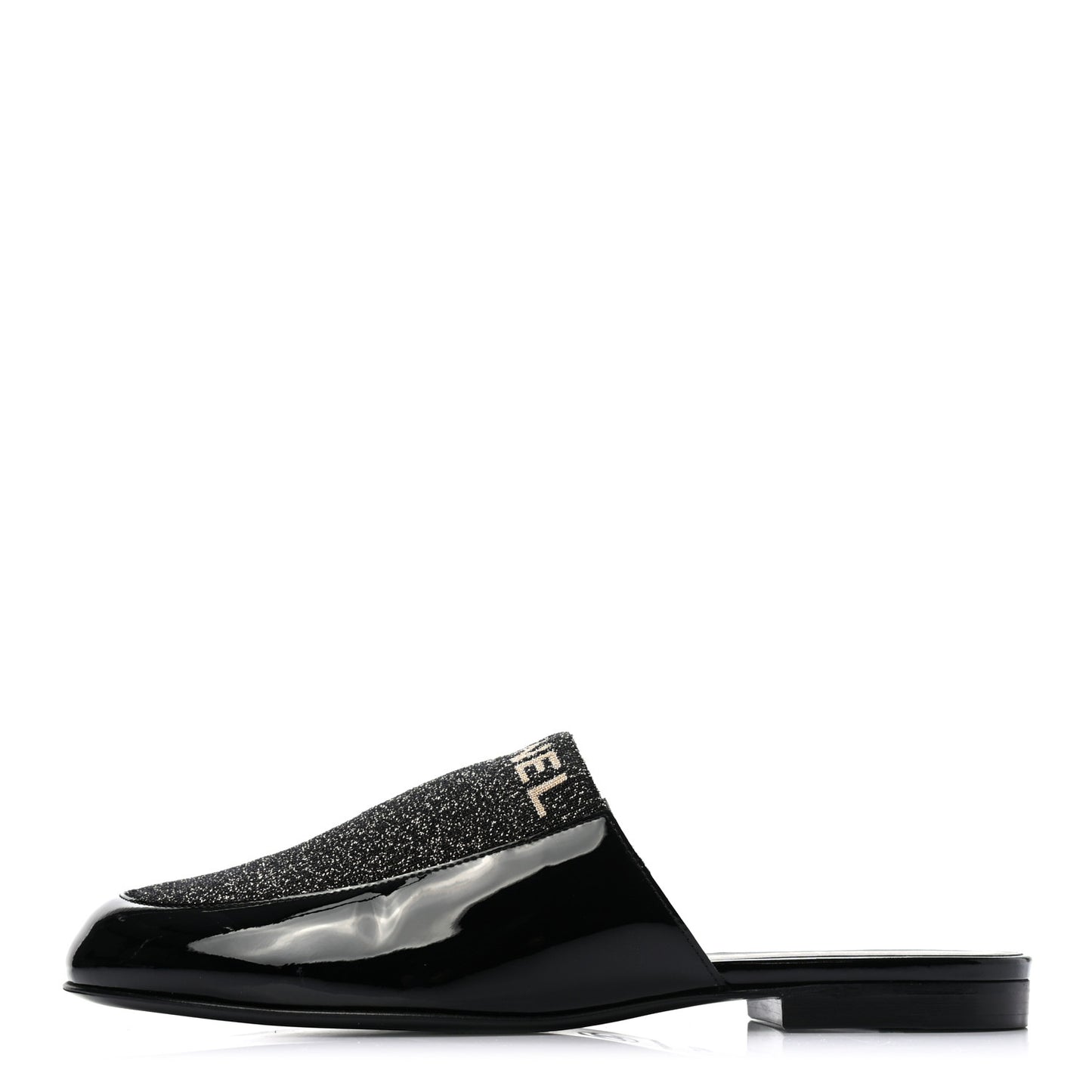 Fabric Patent Calfskin Mules 36.5 Black Gold