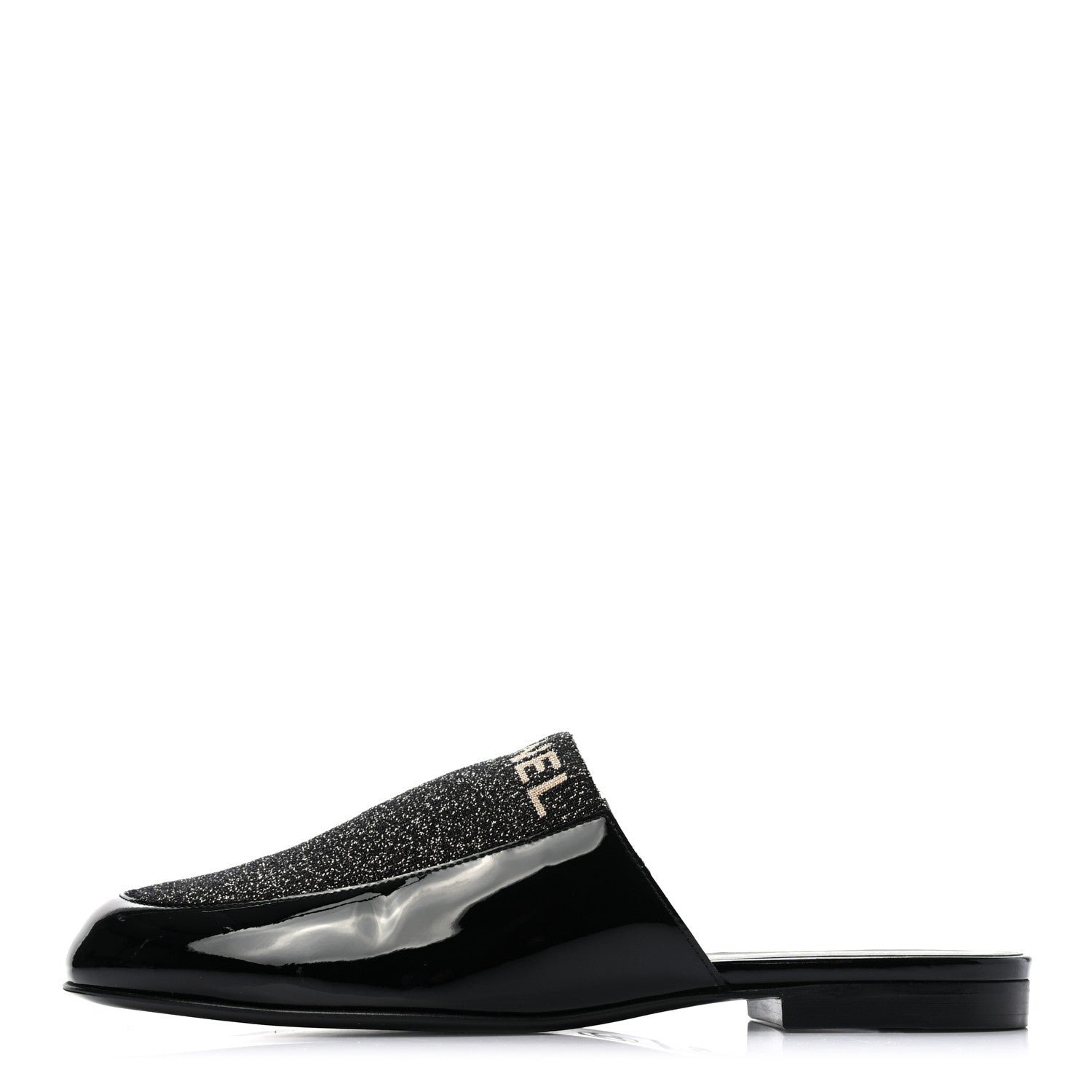 Chanel Fabric Patent Calfskin Mules 36.5 Black Gold 1 of 8