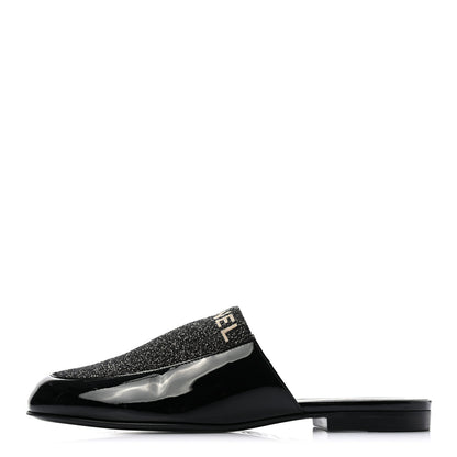 Chanel Fabric Patent Calfskin Mules 36.5 Black Gold 1 of 8