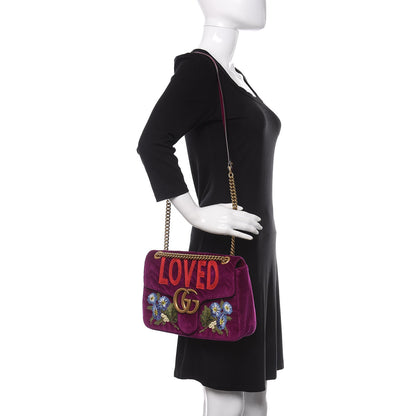 Gucci Velvet Matelasse Loved Embroidered Medium GG Marmont Shoulder Bag Fuchsia Violet Cyclamen 2 of 10