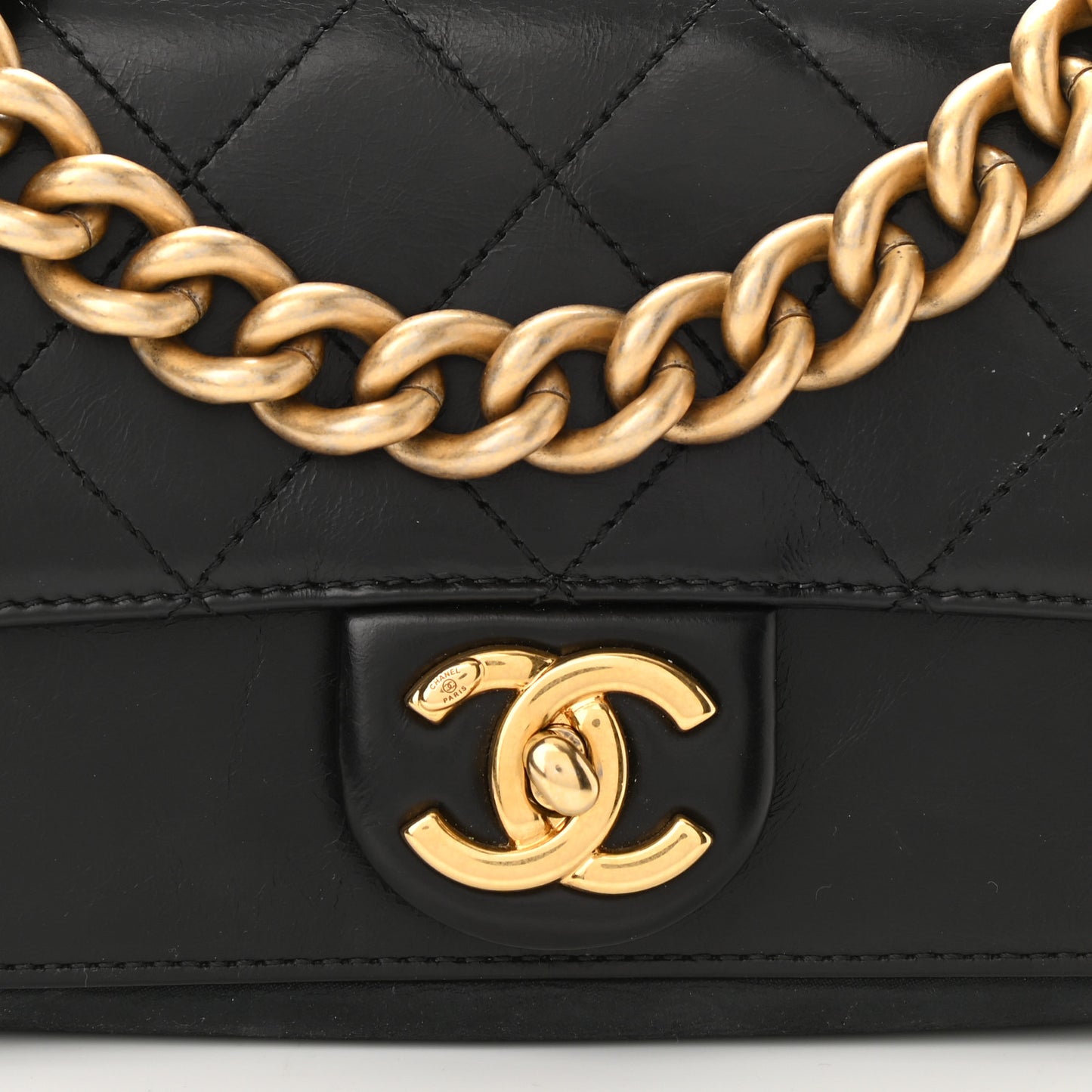 Iridescent Calfskin Quilted Mini Straight Lined Flap Black