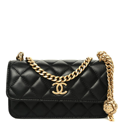 Chanel Lambskin Quilted Sweet Camellia Flap Phone Holder With Chain Black 1 of 11