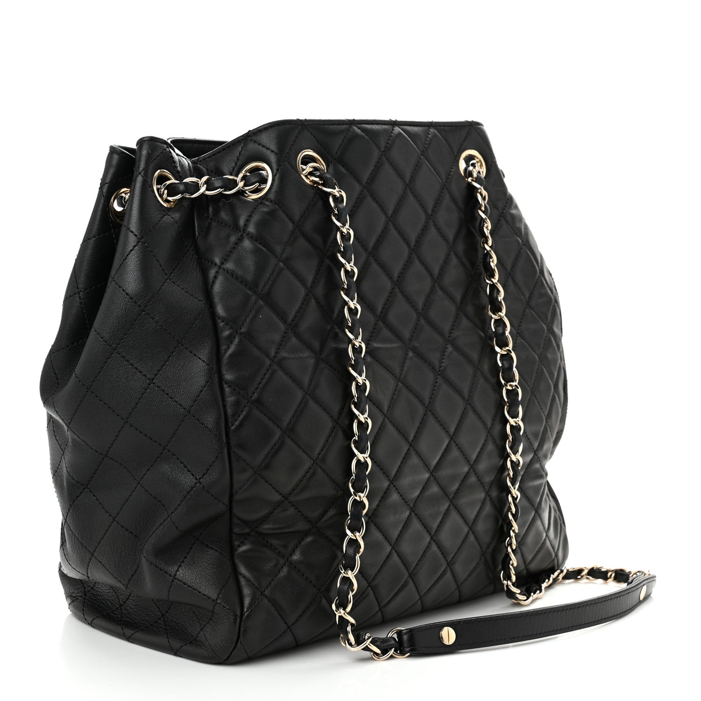 Lambskin Quilted Large Drawstring Bag Black