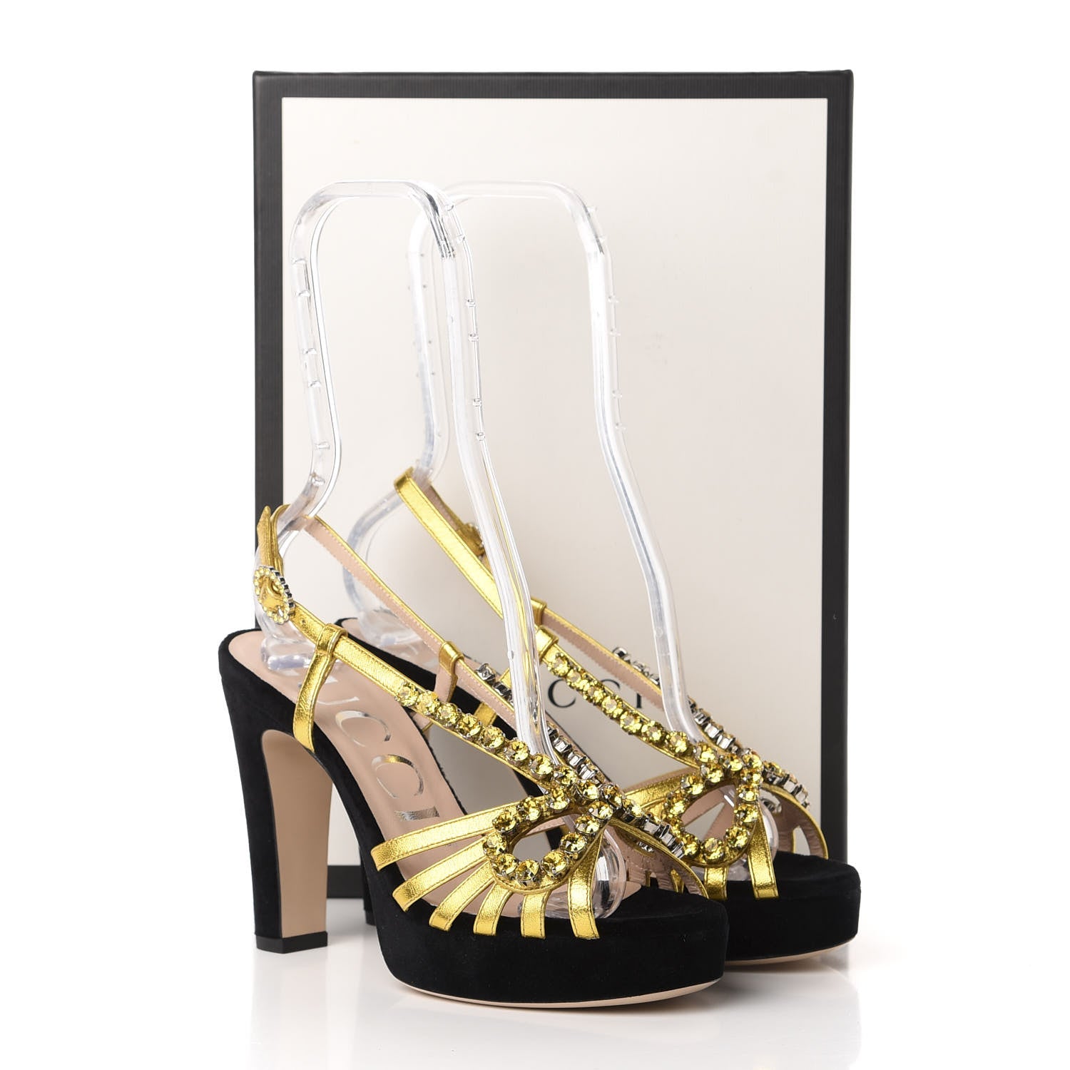 Gucci Velvet Nappa Crystal Zephyra Slingback Platform High Heel Sandals 36 Black Gold 8 of 8
