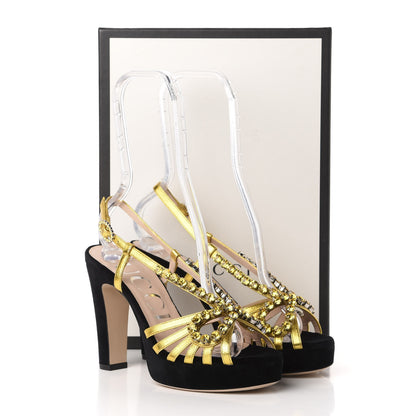 Gucci Velvet Nappa Crystal Zephyra Slingback Platform High Heel Sandals 36 Black Gold 8 of 8