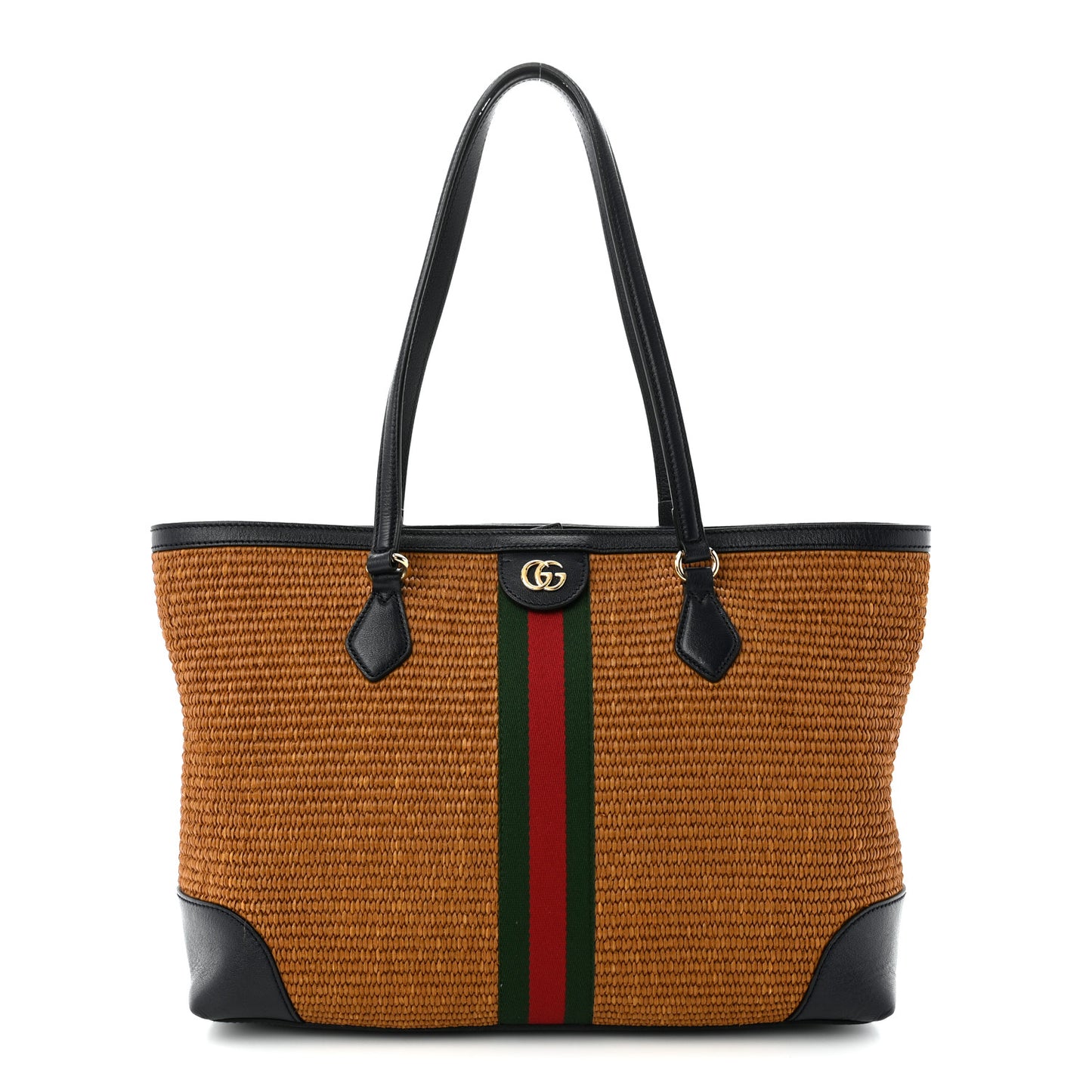 Straw Lux Calfskin Web Medium Ophidia Shopping Tote Dark Natural Blue