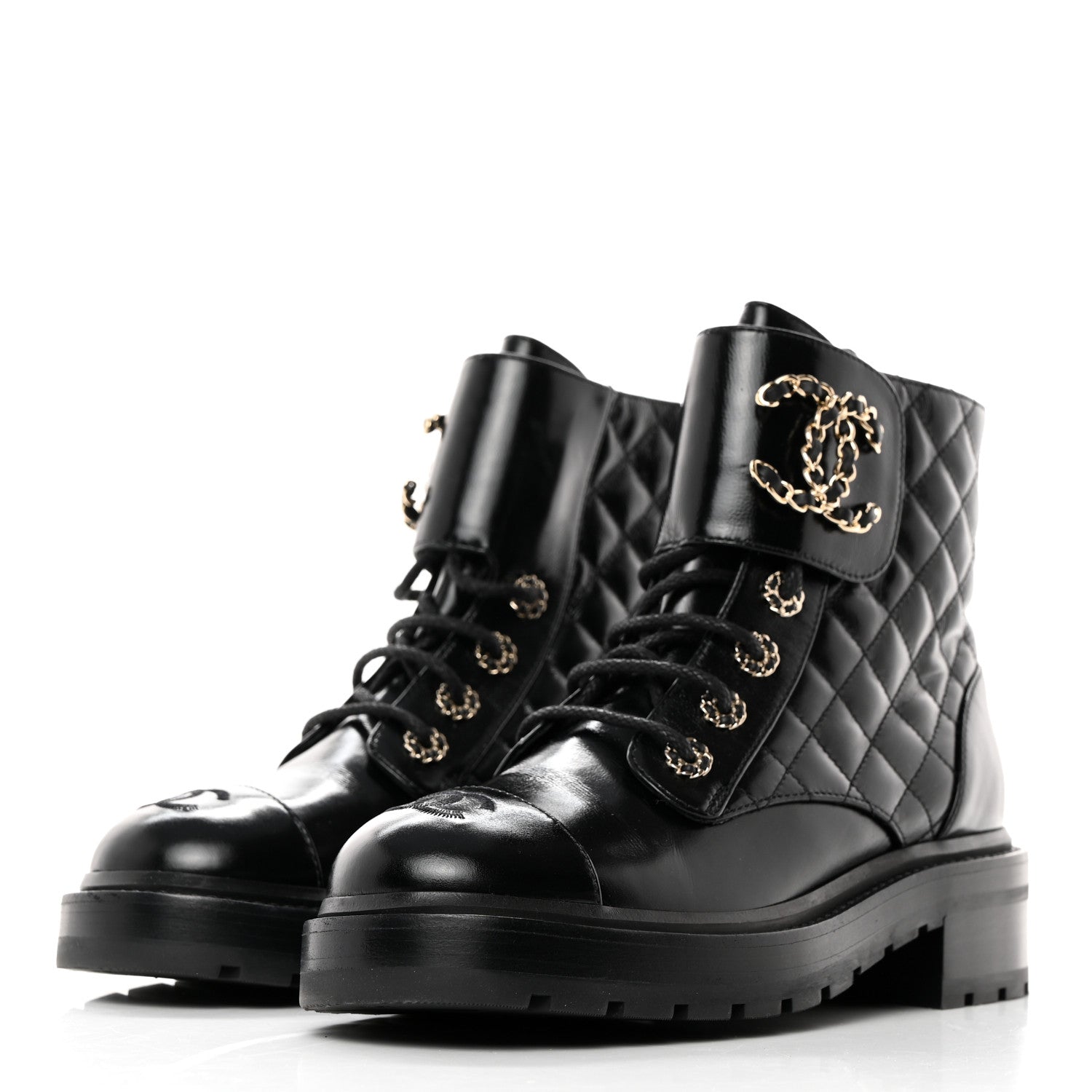 Chanel Shiny Calfskin Quilted Lace Up Combat Boots 37.5 Black 3 of 9