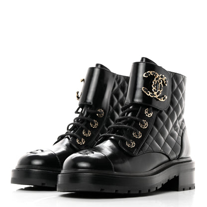 Chanel Shiny Calfskin Quilted Lace Up Combat Boots 37.5 Black 3 of 9