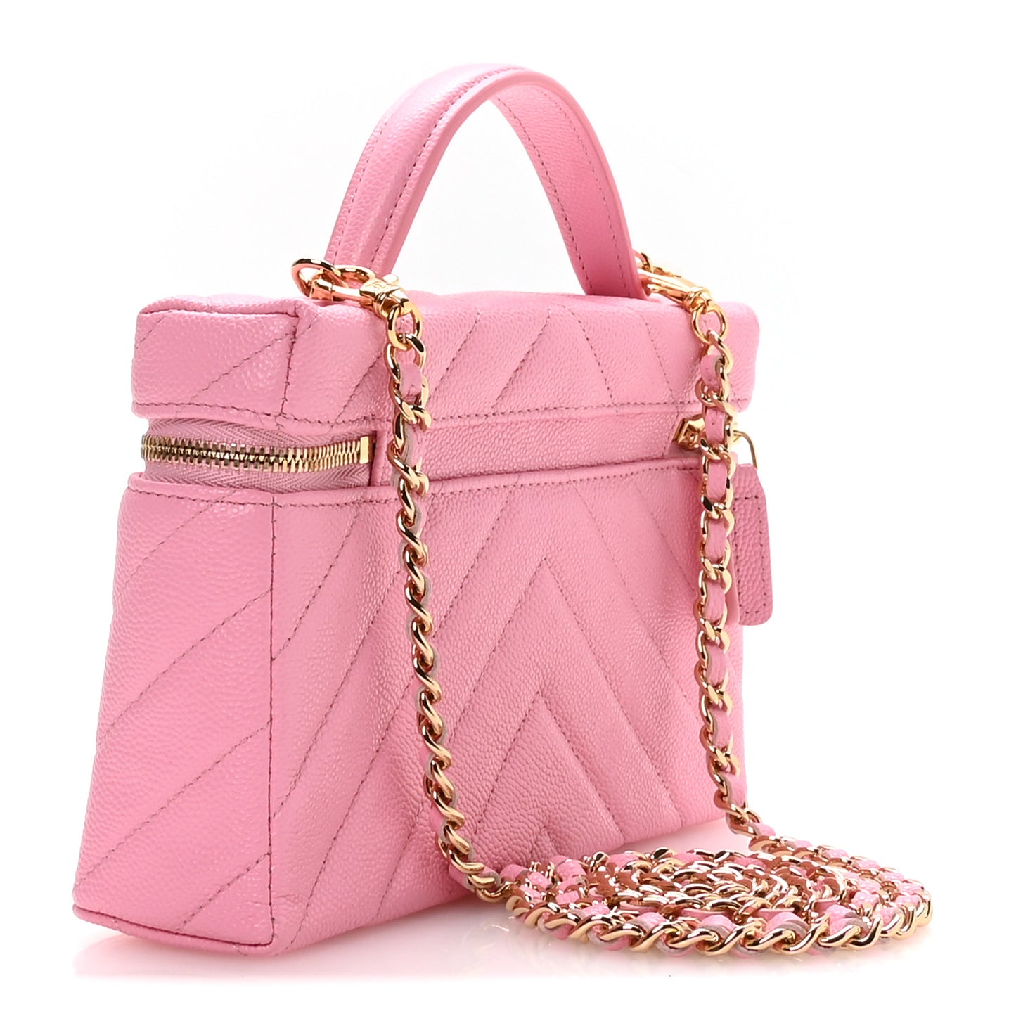 Shiny Caviar Chevron Quilted Top Handle Vanity With Chain Rose