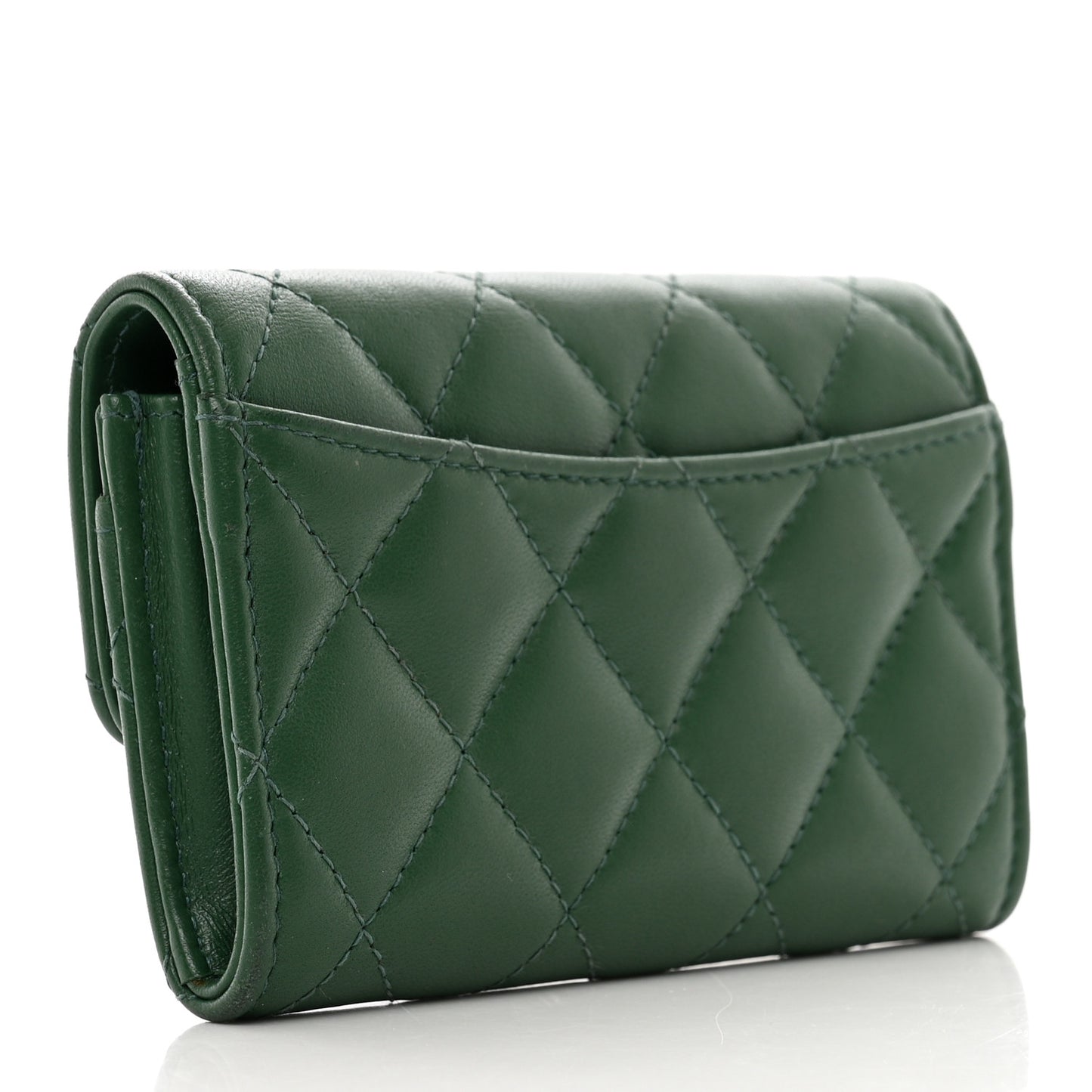 Lambskin Quilted Flap Card Holder Wallet Green