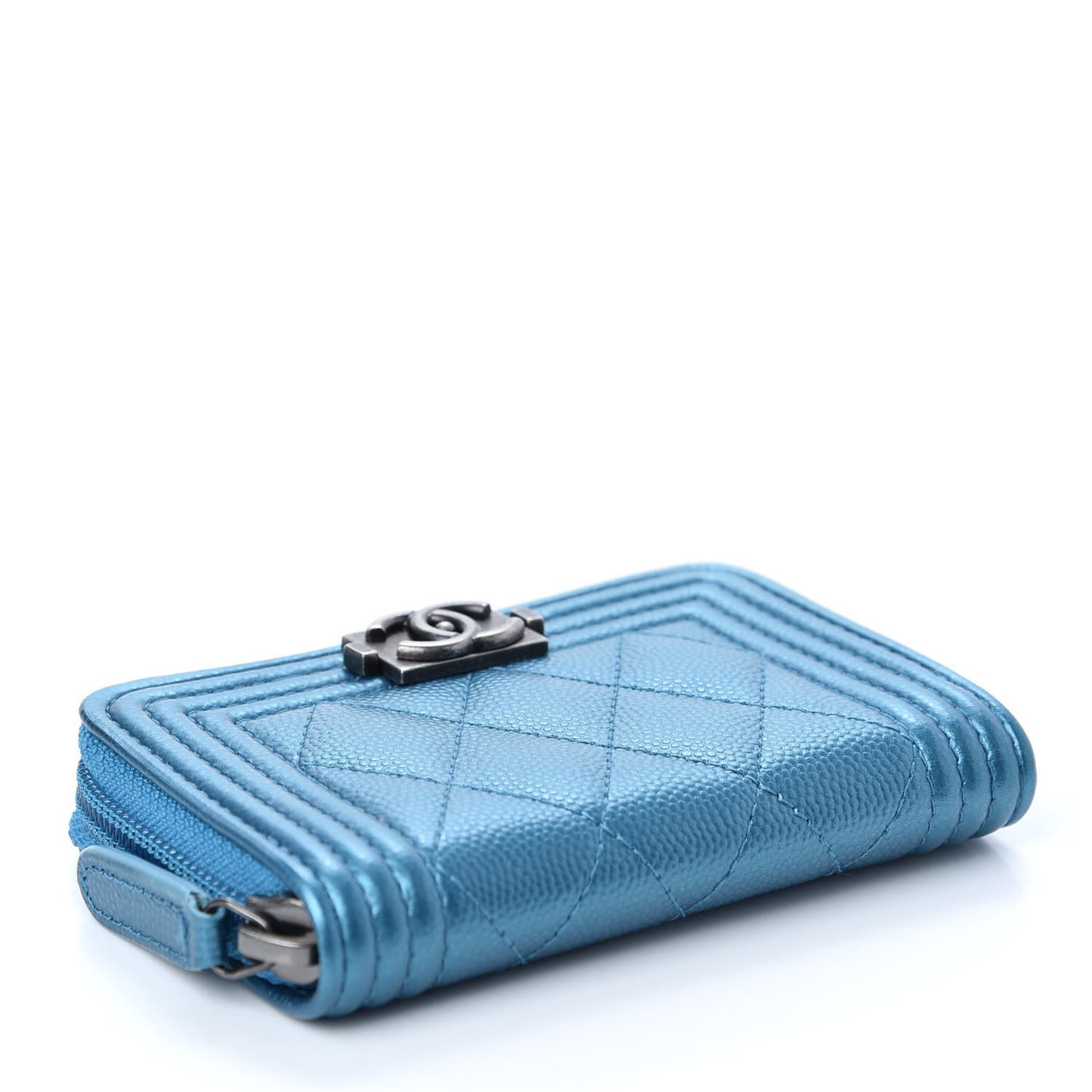 Metallic Caviar Quilted Boy Zip Around Coin Purse Wallet Turquoise
