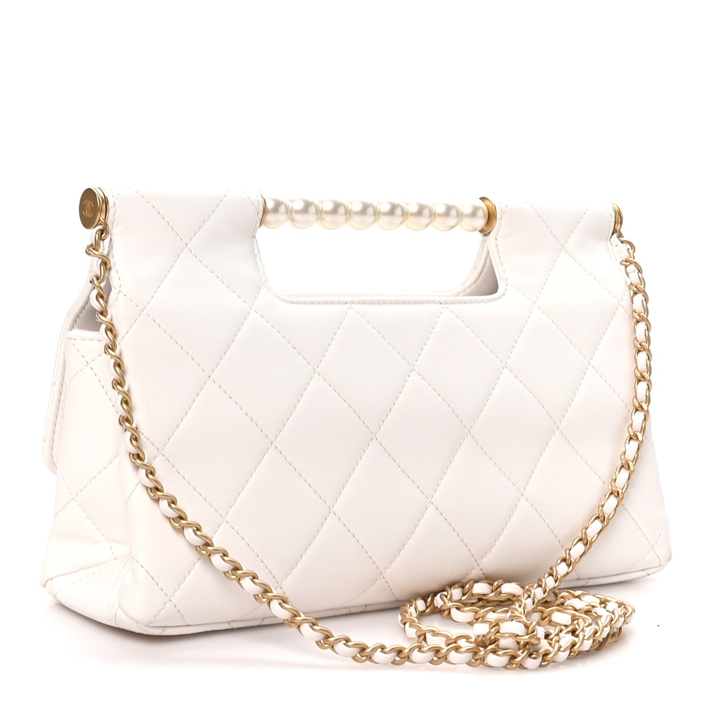 Shiny Lambskin Pearl Top Handle Flap Shopping Bag White