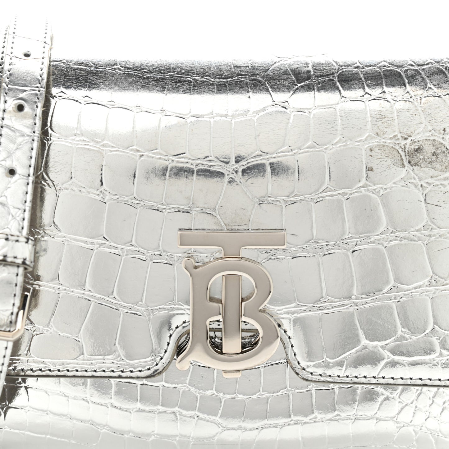 Metallic Patent Crocodile Embossed Small TB Shoulder Bag Silver