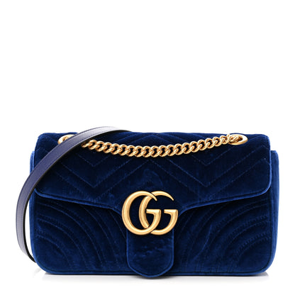Gucci Velvet Matelasse Small GG Marmont Shoulder Bag Cobalt Blue 1 of 17