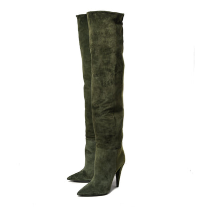 Saint Laurent Suede Era Over The Knee Boots 39 Army Green 3 of 8